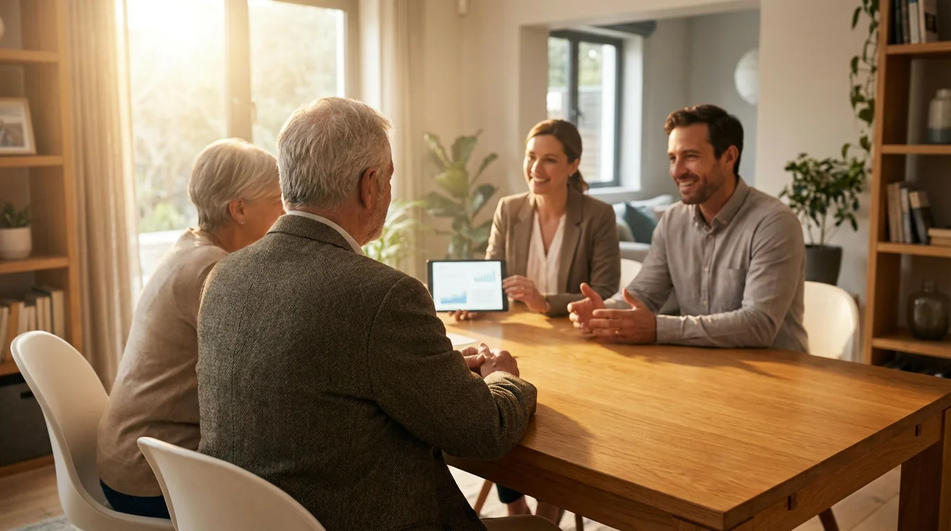 A senior couple in a meeting with their professional estate planning team at home.