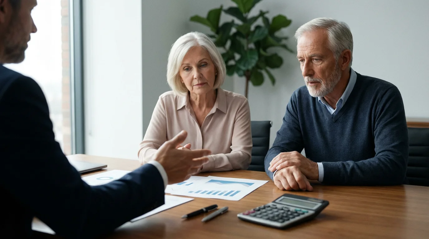 A senior couple receives financial advice from a professional in a modern, sunlit office.