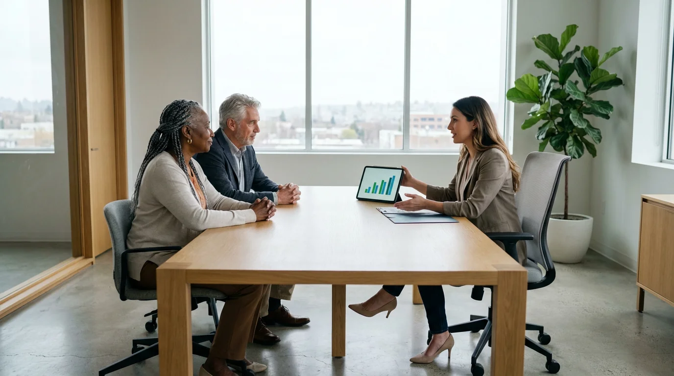 A senior couple receives professional guidance from an advisor in a modern, bright office.