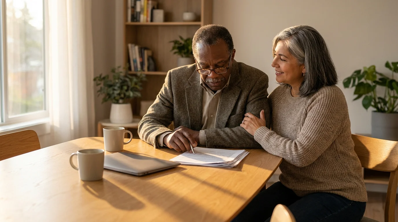 A senior couple sits at a table reviewing paperwork for their retirement healthcare plan.