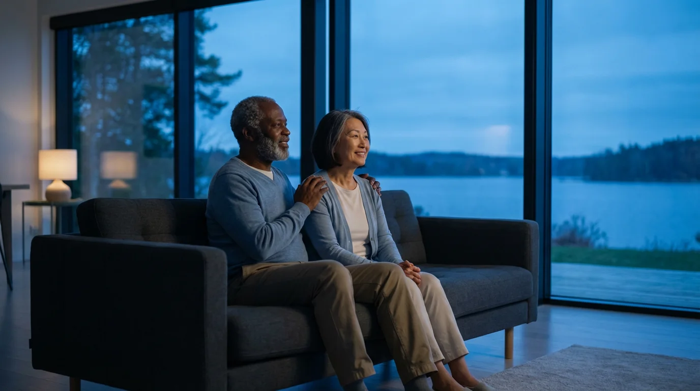 A senior couple sits comfortably in their modern home at twilight, looking out a window.