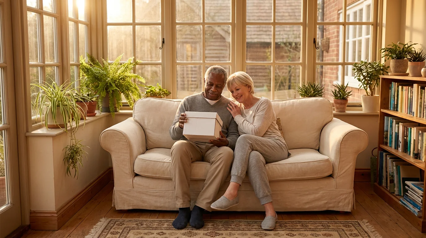 A senior couple sits in a sunlit room, looking at a DNA test kit together.