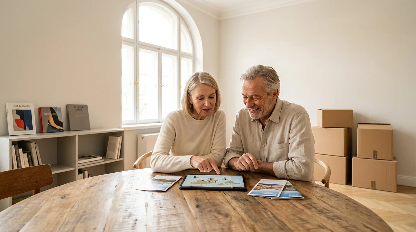 A senior couple sits in a sunlit room, planning their retirement relocation on a tablet.