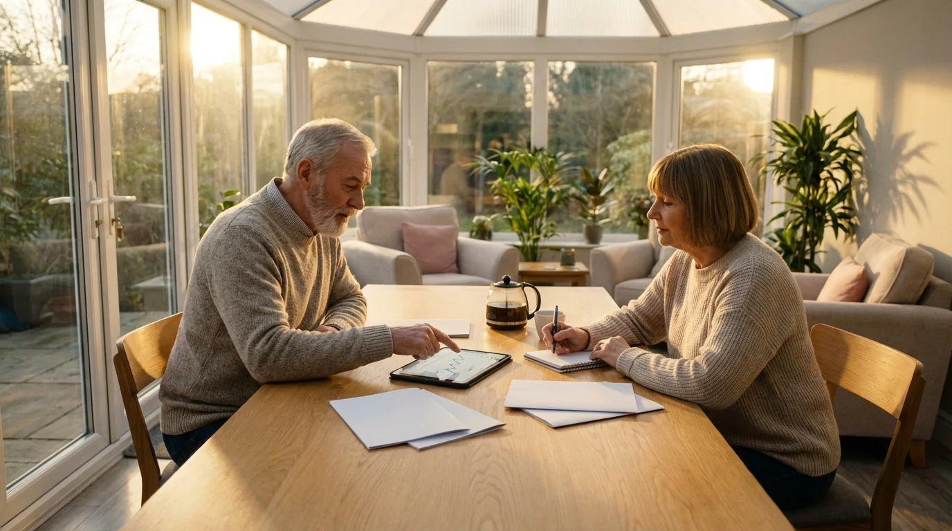 A senior couple sits in a sunlit room, planning their long-term care finances together.