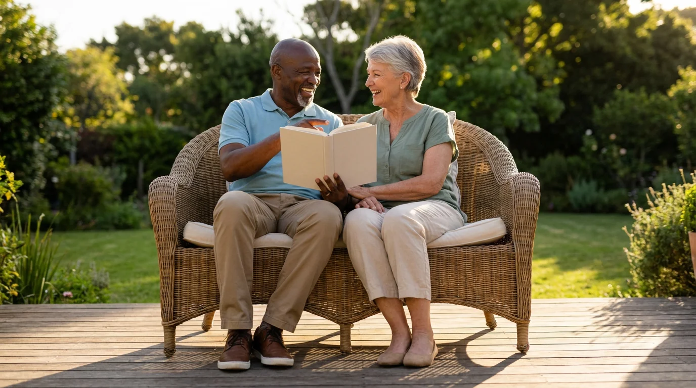 A senior couple sits on a deck at sunset, happily discussing an open book.