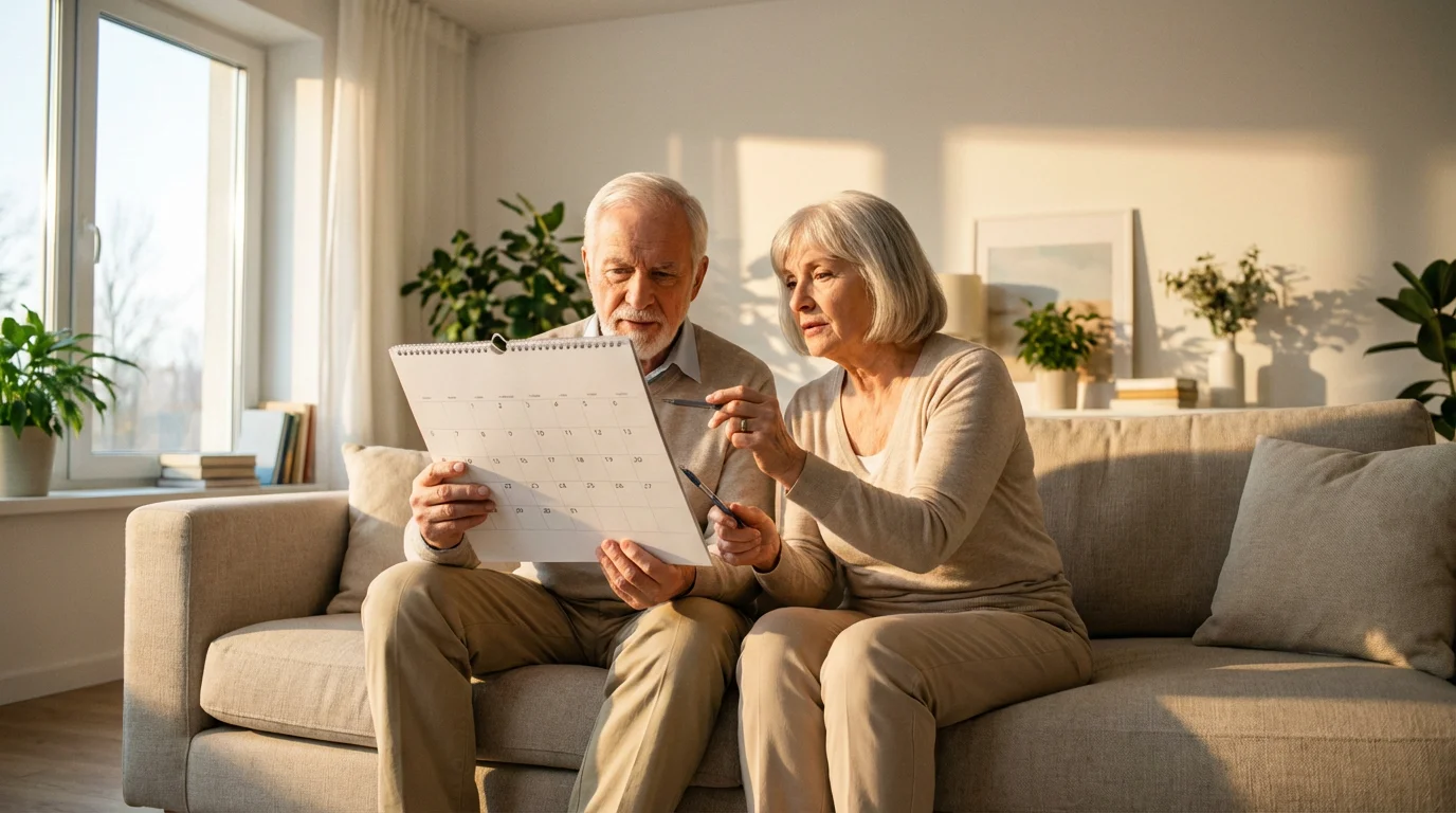 A senior couple sits on a sofa, planning with a calendar during golden hour.
