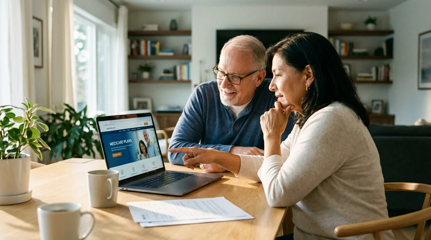 A senior couple sitting at a table together, reviewing healthcare information on a laptop.