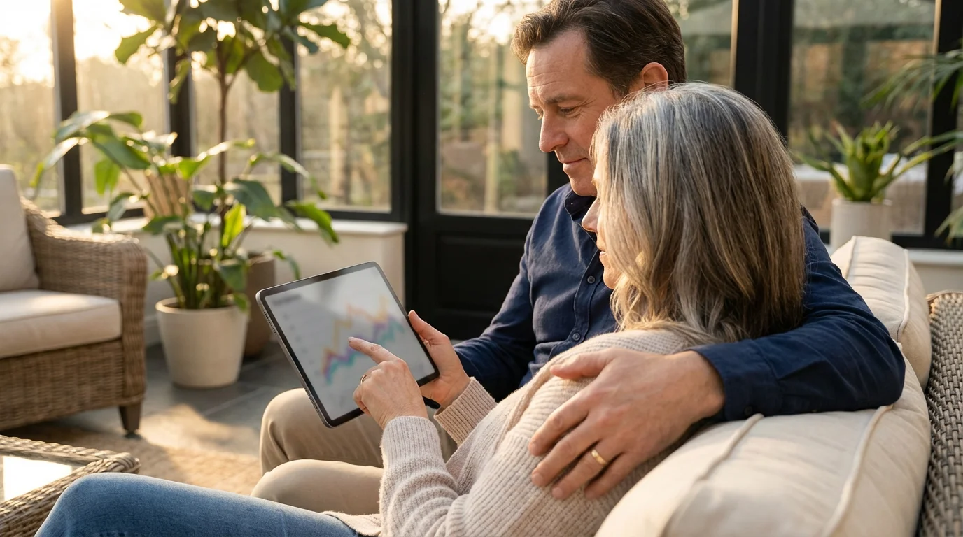 A senior couple sitting in a sunroom at golden hour, reviewing their pension on a tablet.