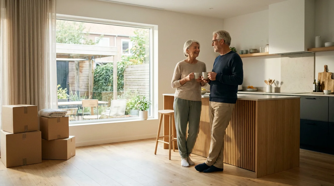 A senior couple smiles in their new, smaller, sunlit home after downsizing for retirement.