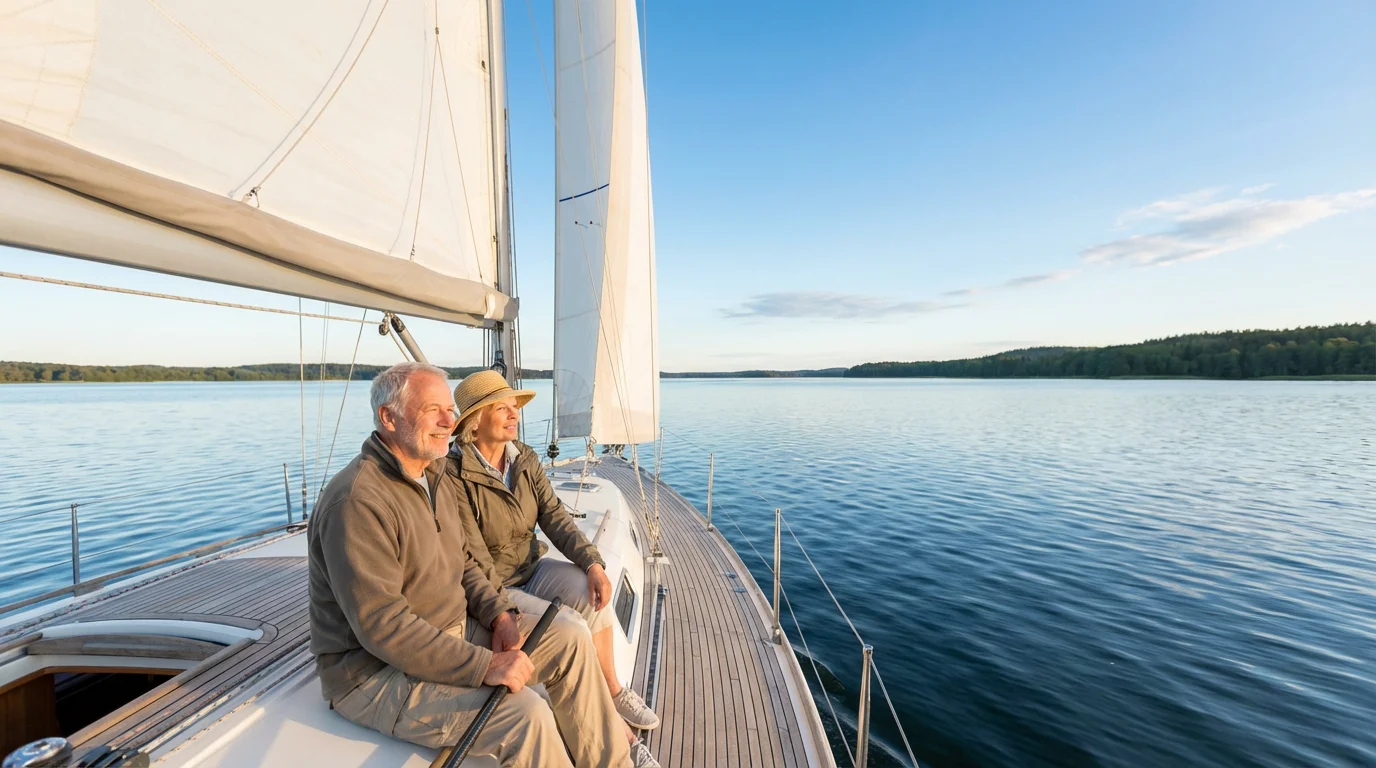 A senior couple smiles while sailing on a calm lake in the morning light.