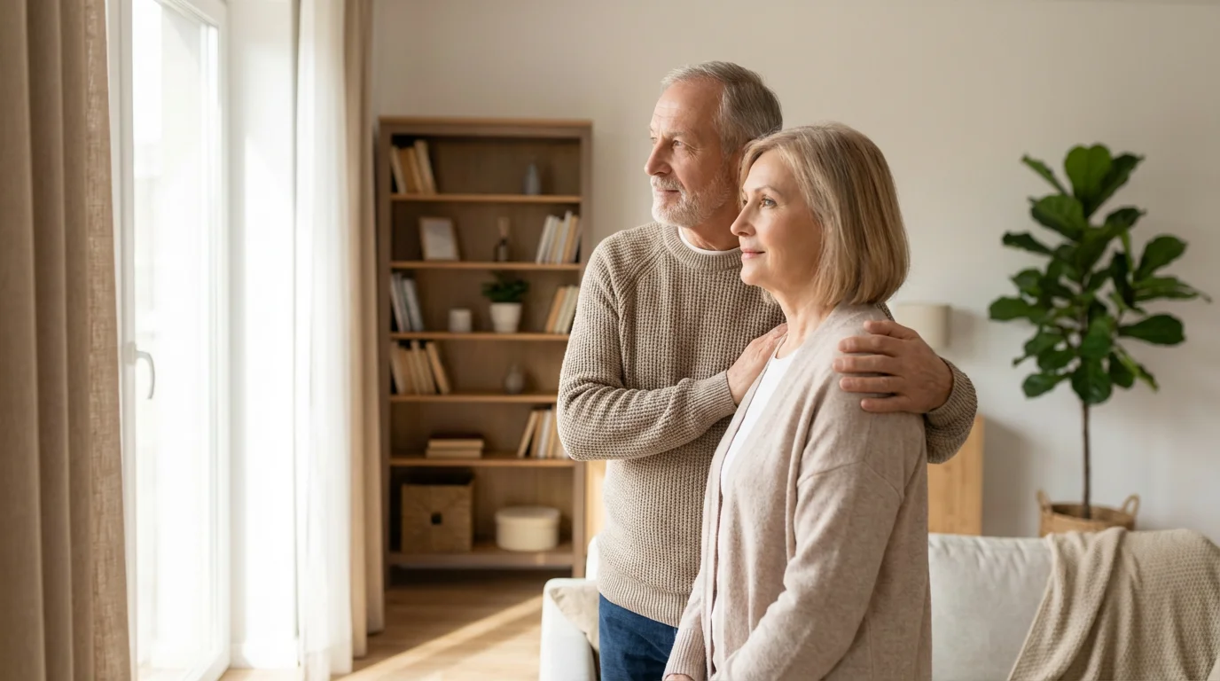 A senior couple stands in their sunlit living room looking out the window.