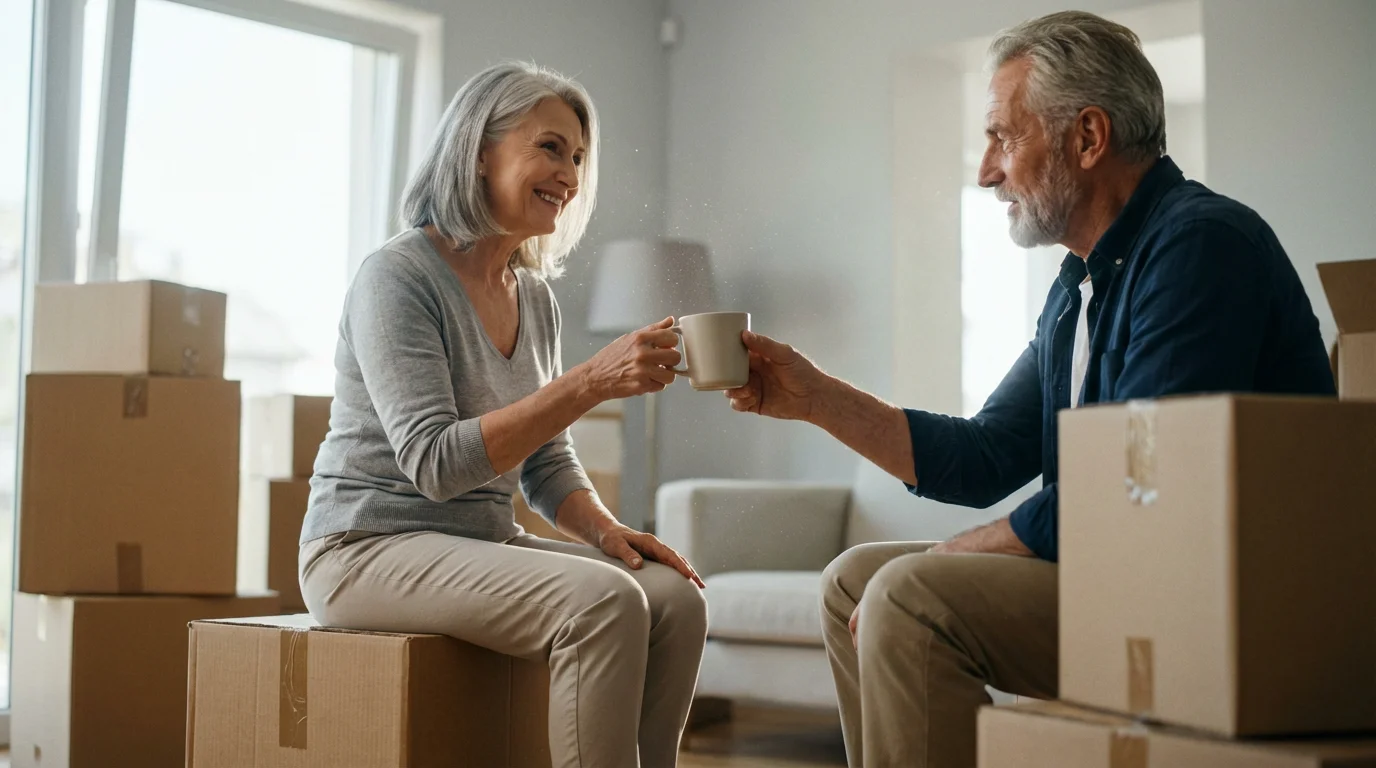 A senior couple takes a break amidst moving boxes in a sunlit room, symbolizing relocation.
