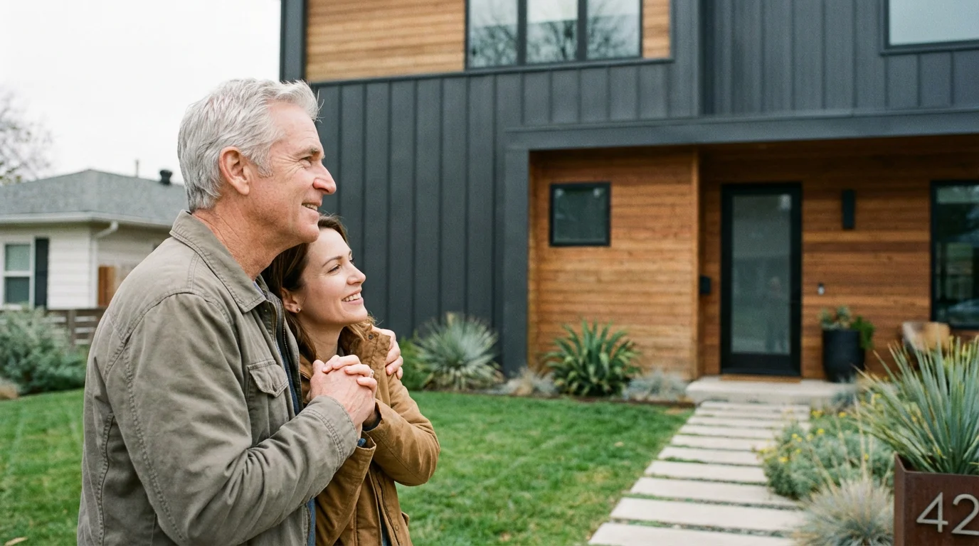 A senior father and his adult daughter stand together proudly in front of their home.