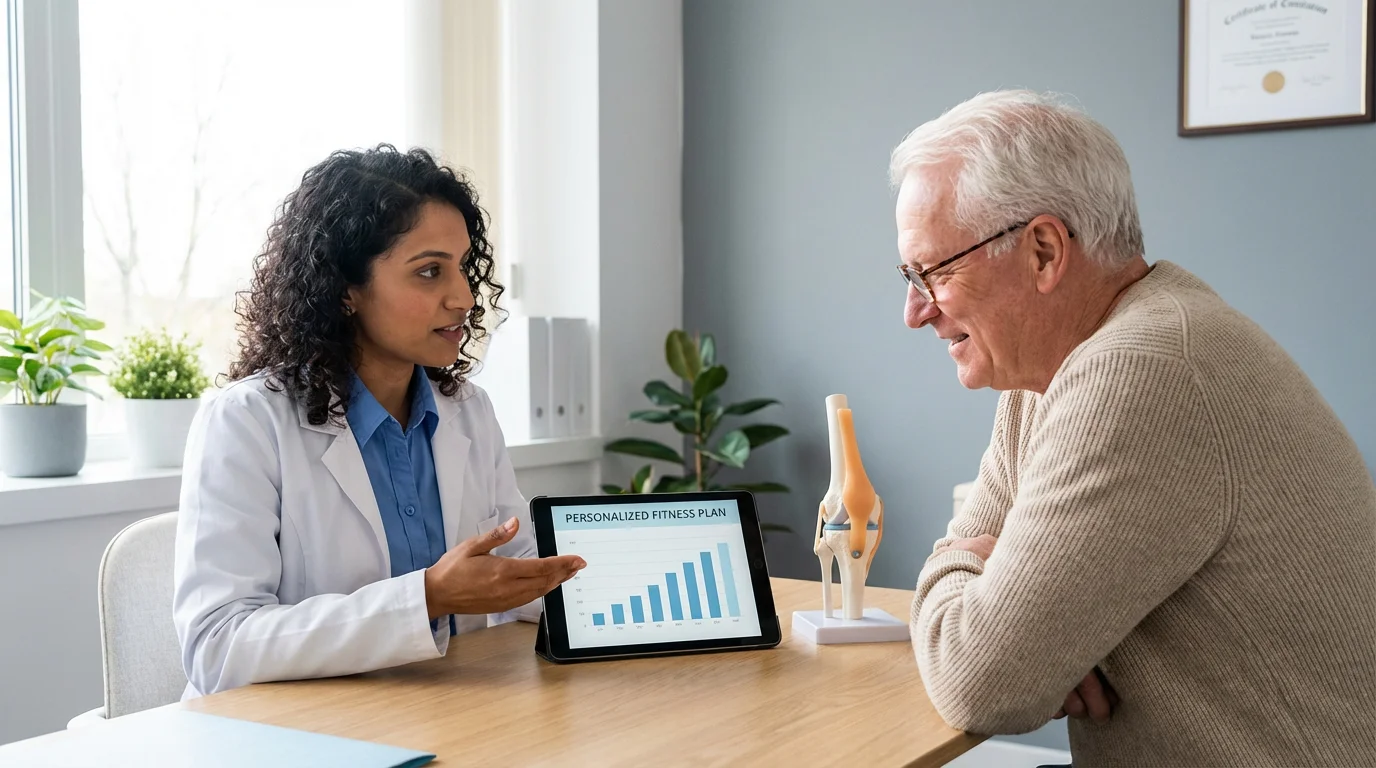 A senior man and a female doctor discuss a fitness plan in a bright office.