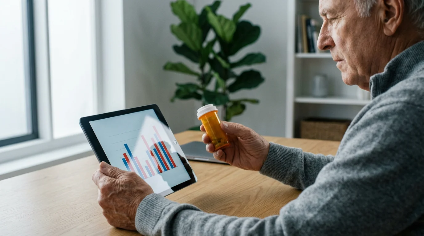 A senior man at a desk comparing a prescription bottle to a chart on a tablet.