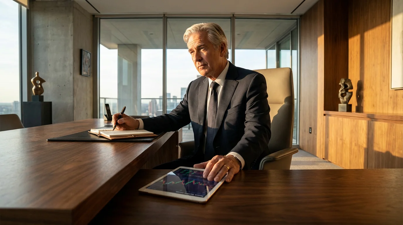 A senior man at a desk in a sunlit office, planning his retirement finances.
