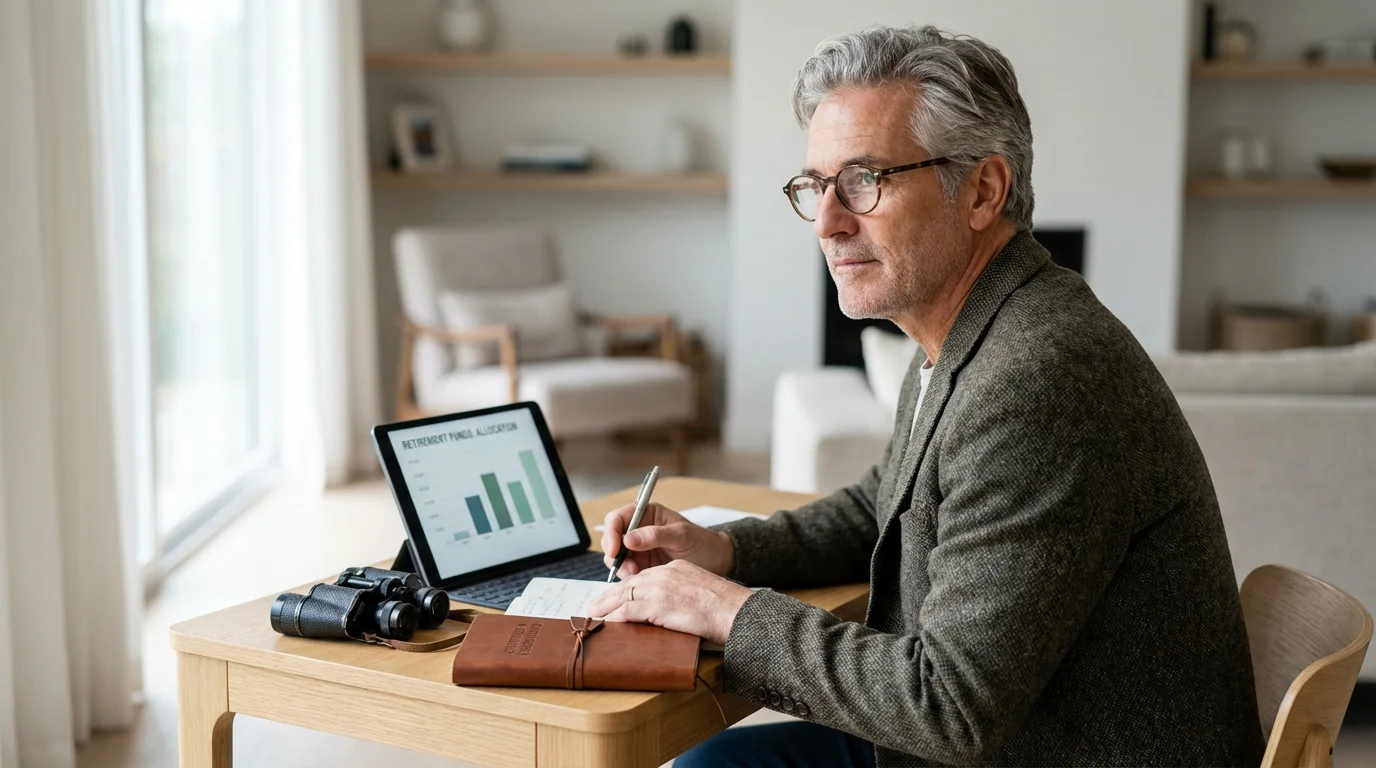 A senior man at a desk planning his hobby budget with a tablet and journal.