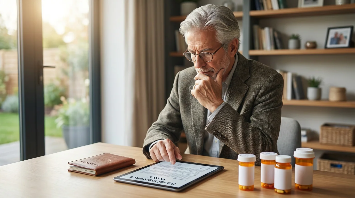A senior man at a desk reviews travel insurance on a tablet beside his passport.