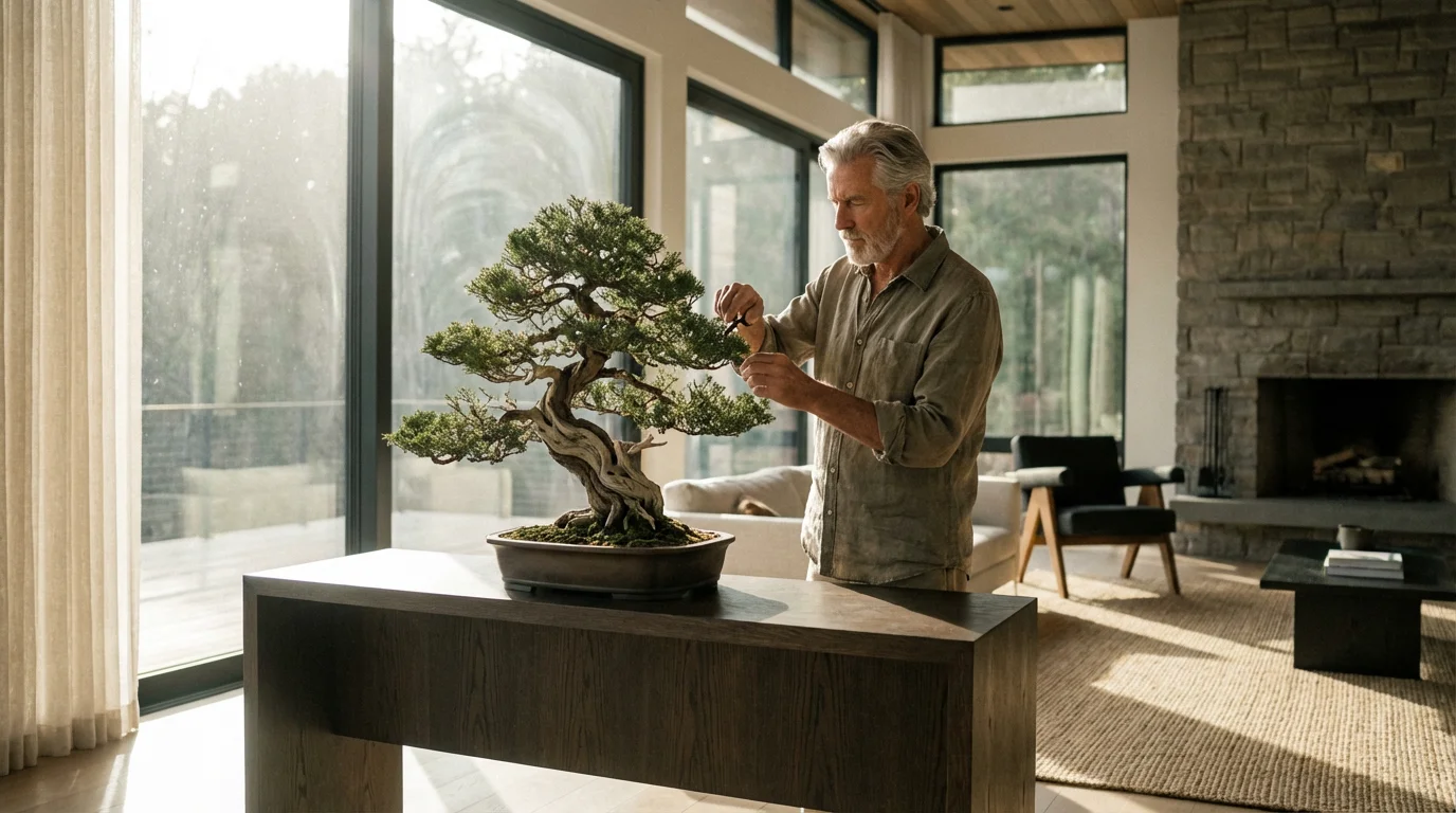 A senior man carefully pruning a bonsai tree inside a modern, sunlit living room.