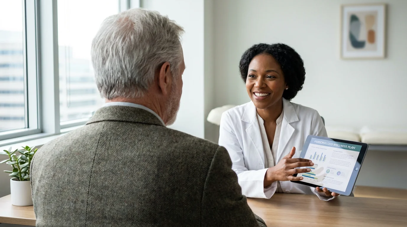 A senior man consults with his female doctor, creating a personalized wellness plan together.