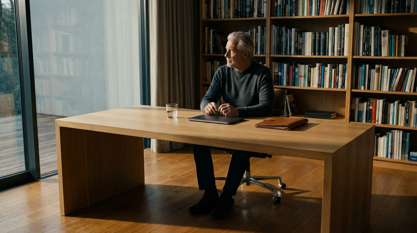 A senior man contemplates his future in a sunlit home office with long shadows.
