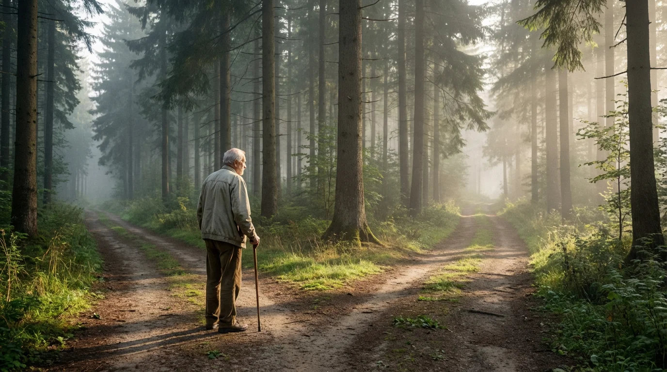 A senior man contemplates multiple diverging paths at a trail junction in a misty forest.