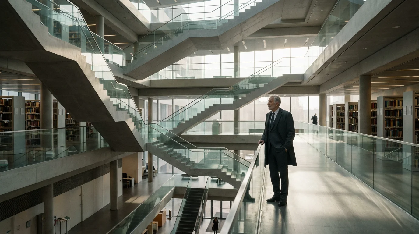 A senior man contemplates the complex architecture of a modern, multi-level library atrium.