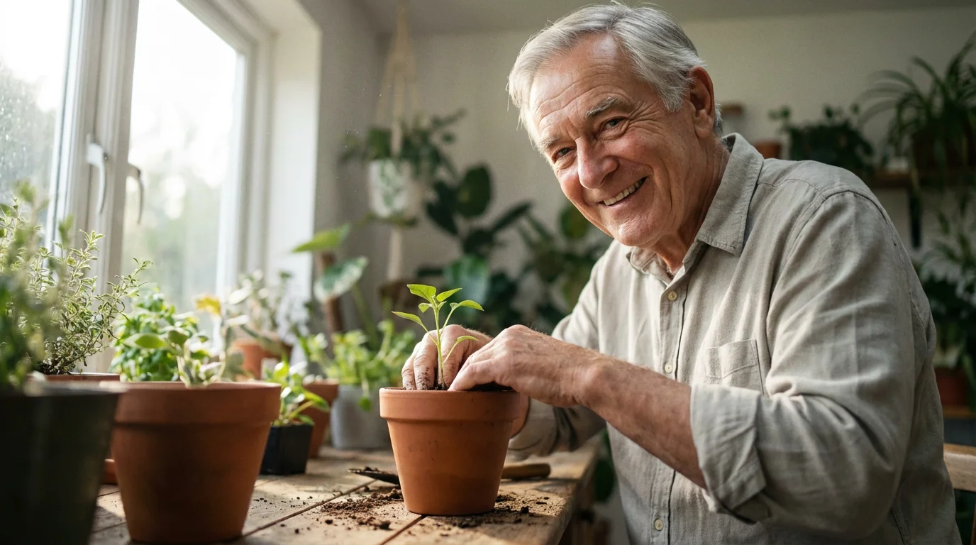 A senior man happily potting a new plant in a sun-filled room.