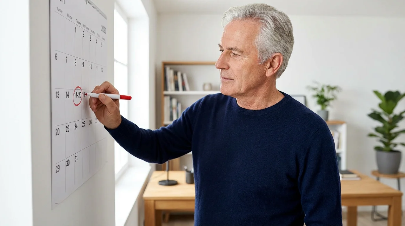 A senior man in a bright room circling a date range on a large wall calendar.