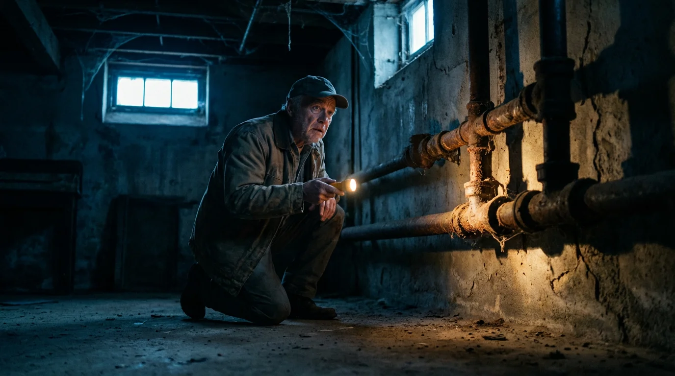 A senior man in a dark basement discovers corroded pipes, symbolizing hidden housing costs.