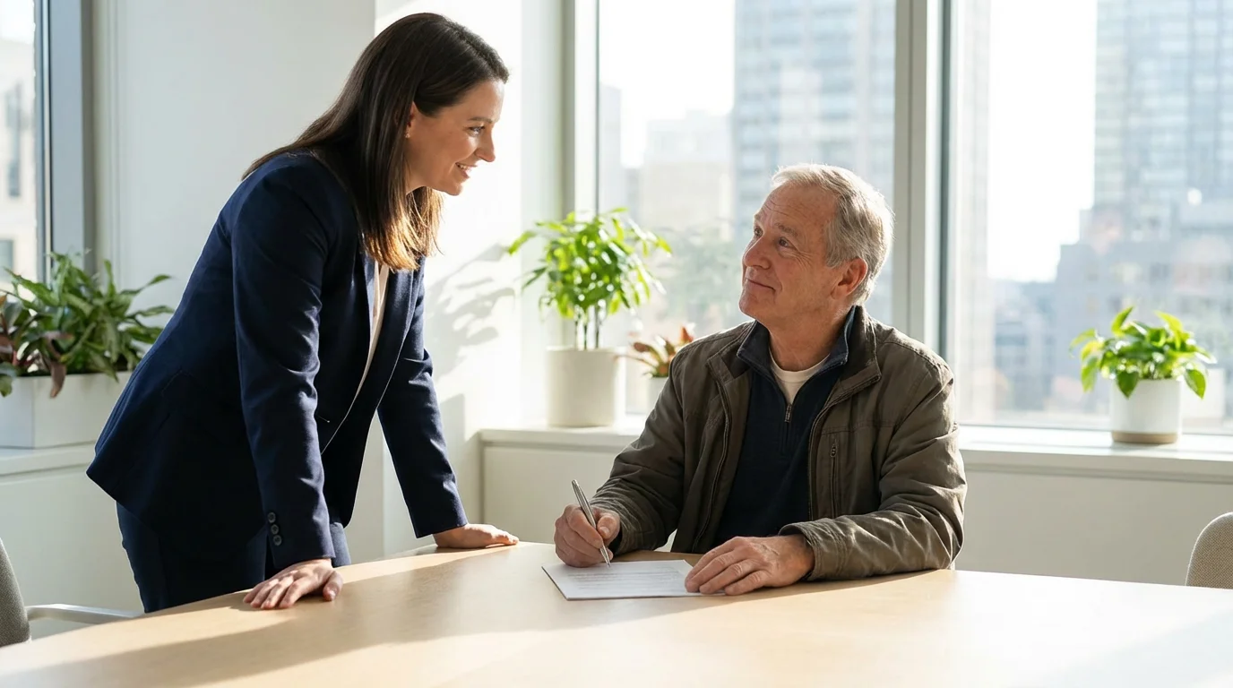 A senior man in a productive, reassuring meeting with his female trust attorney.