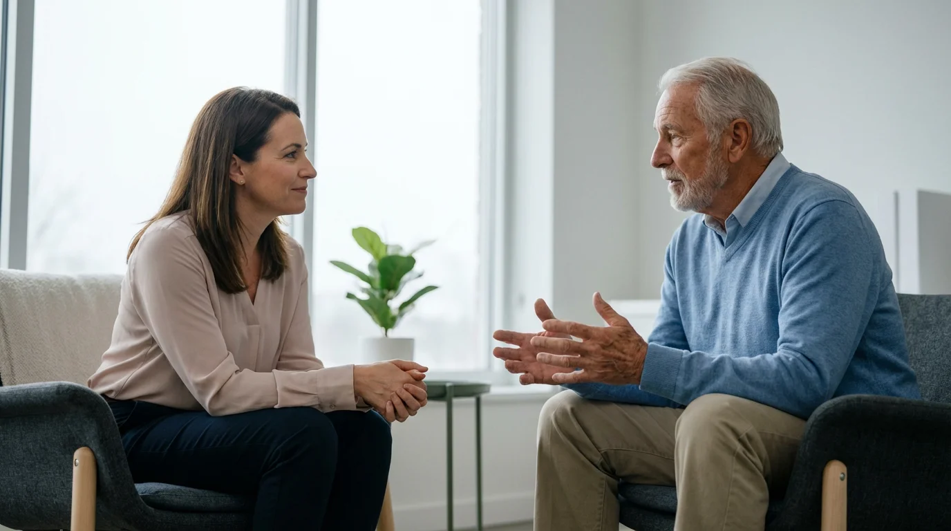 A senior man in a professional counseling session with a female therapist in a modern, sunlit room.