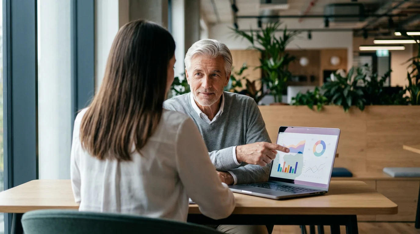 A senior man in a professional setting mentoring a young woman using a laptop.