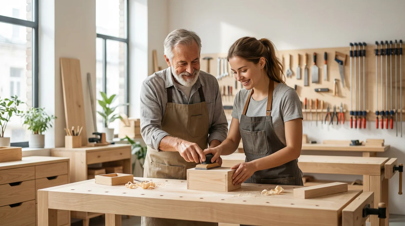 A senior man mentors a young woman in a sunlit woodworking shop at a workbench.