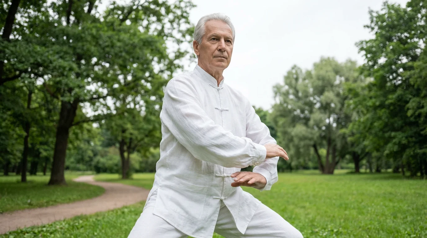 A senior man practices Tai Chi peacefully in a lush green park.