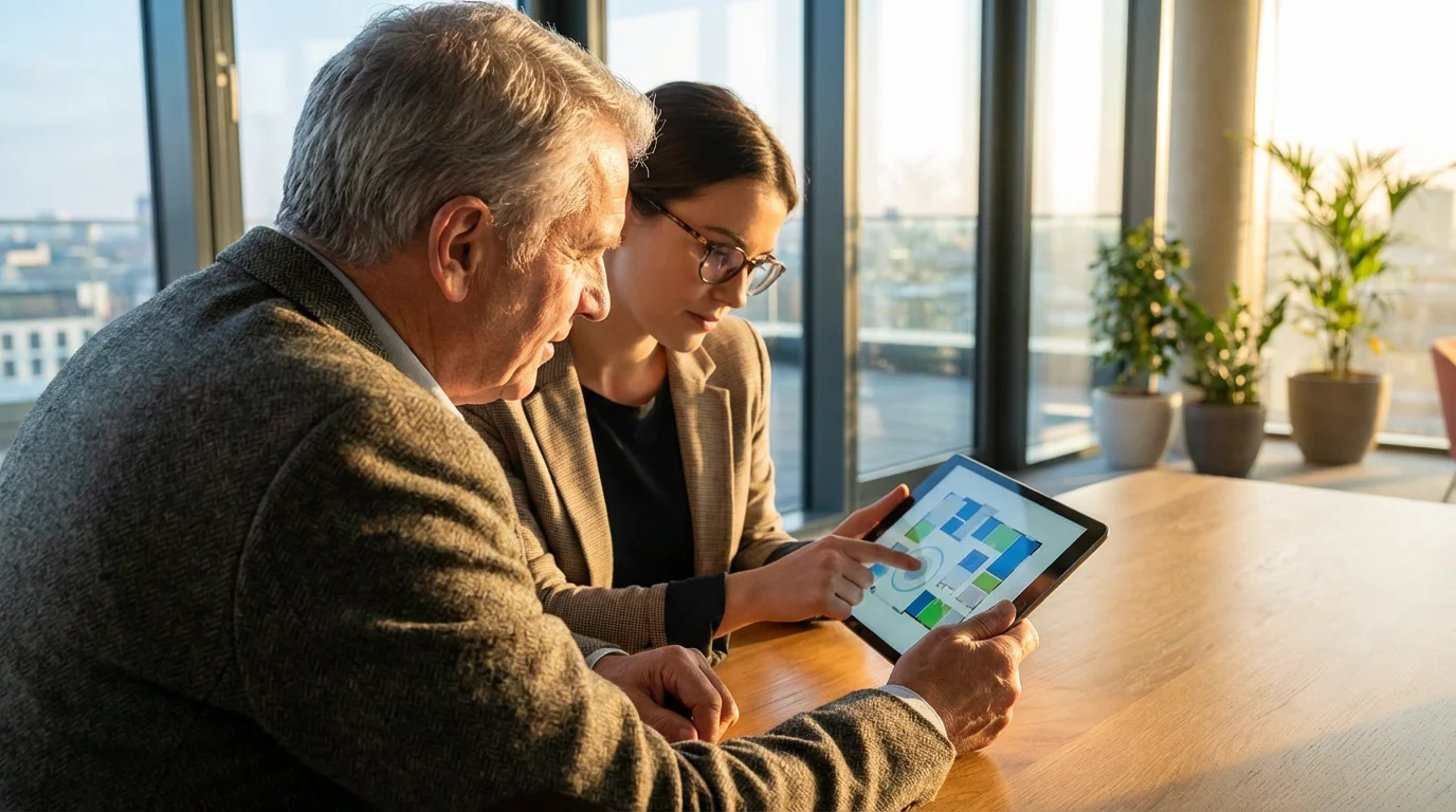 A senior man reviews a digital home floor plan on a tablet with a professional.