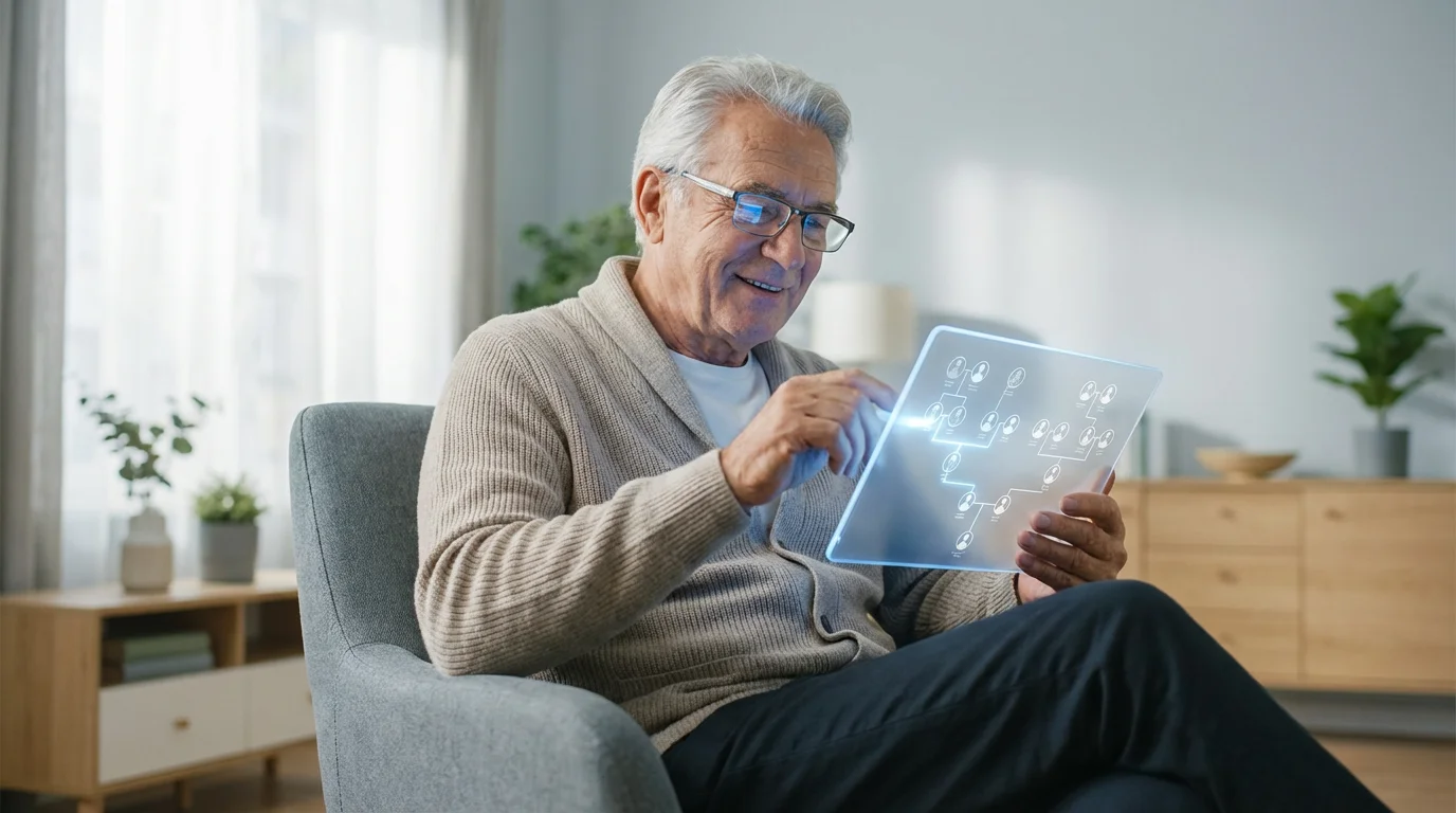 A senior man sits in an armchair, using a tablet to research his genealogy.