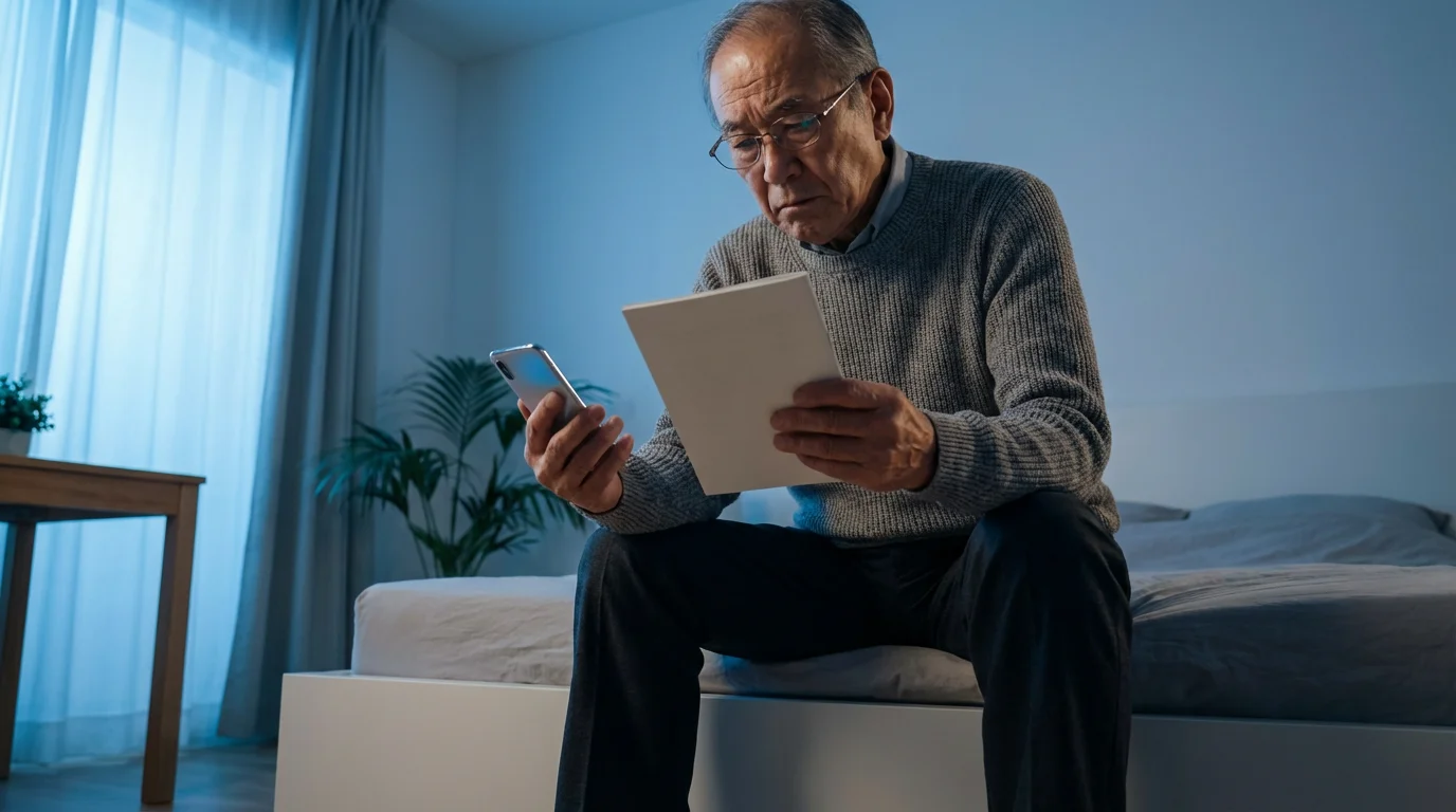 A senior man sits on his bed at dusk, thoughtfully looking at a booklet and his phone.
