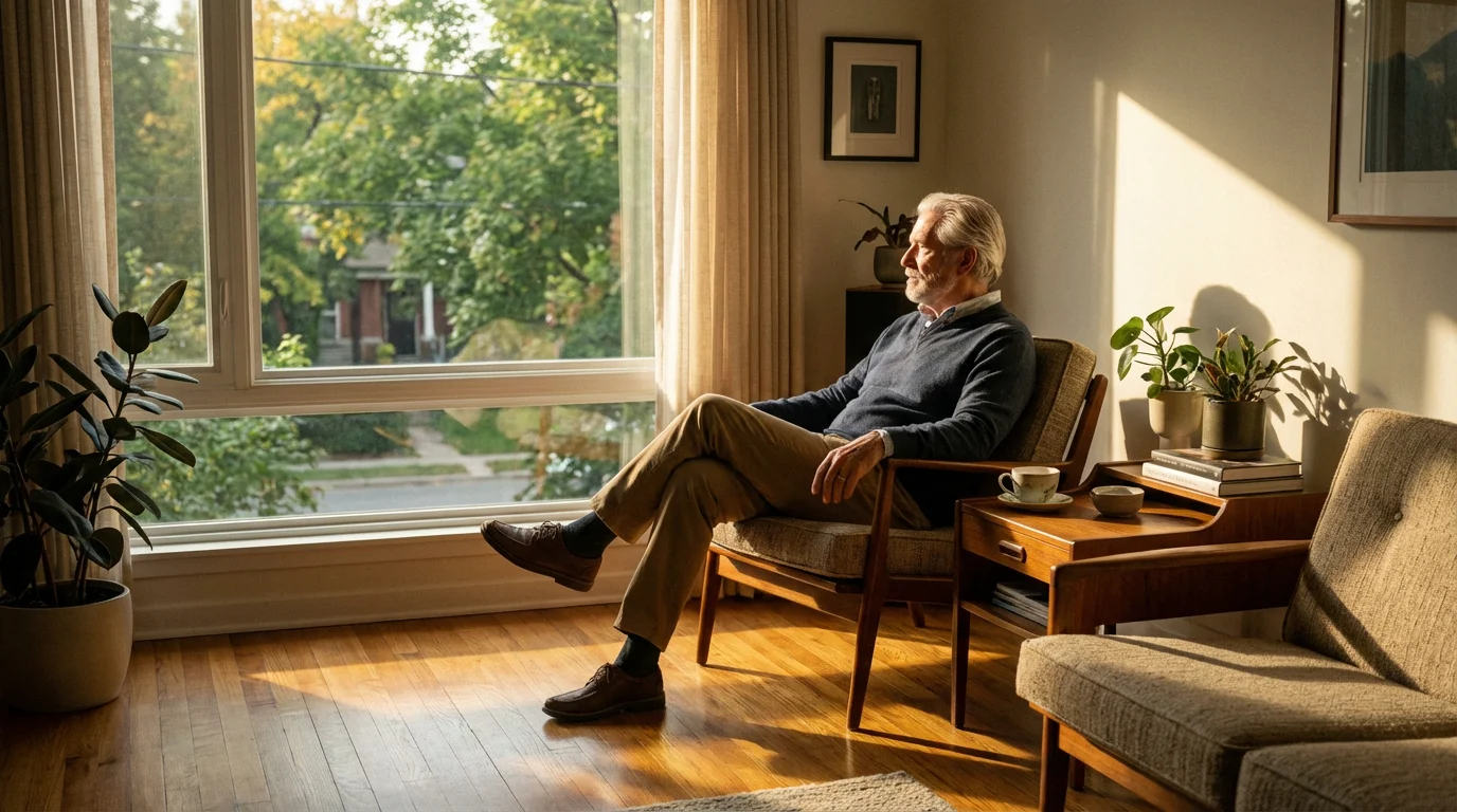 A senior man sitting in a sunlit apartment living room, looking thoughtfully out a window.