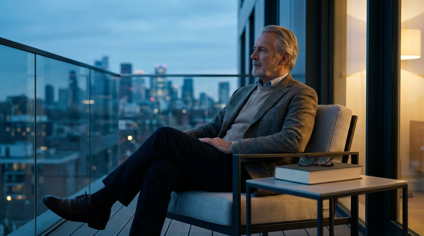 A senior man sitting on a balcony at dusk, looking at the view, a book beside him.