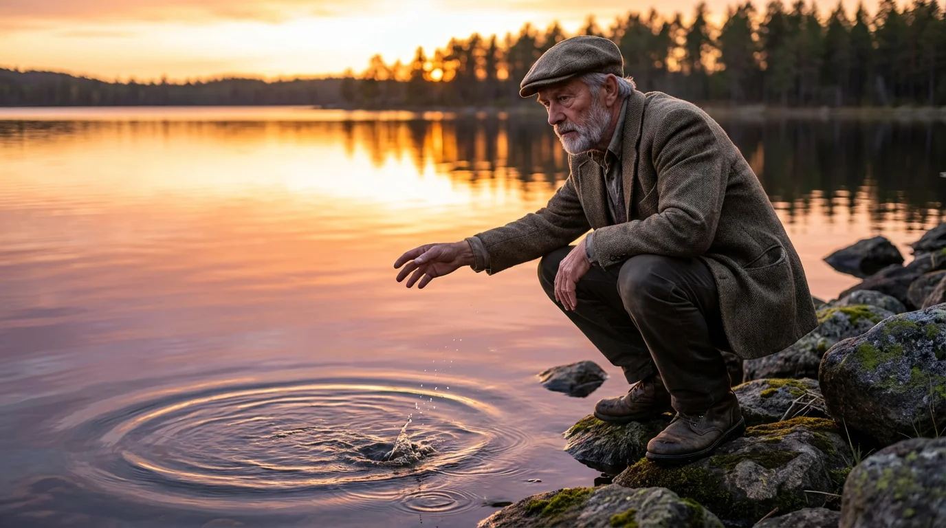 A senior man skipping stones on a calm lake during a golden hour sunset.