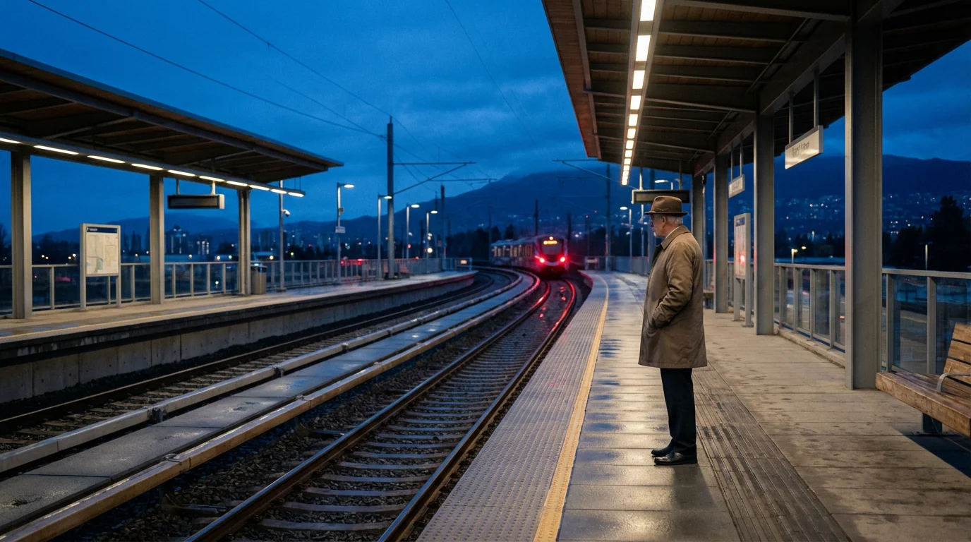 A senior man standing alone on a train platform at dusk, watching a train depart.