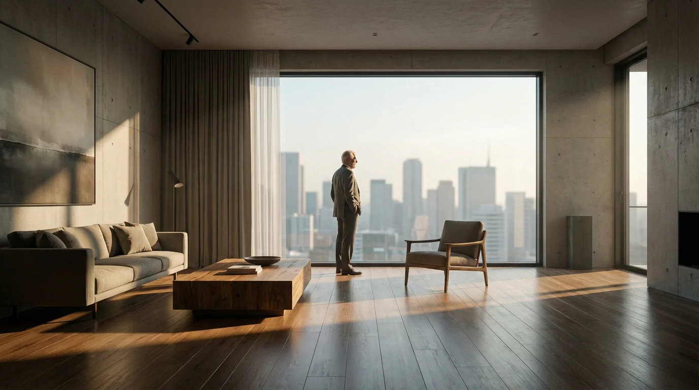 A senior man stands alone in a sunlit room, looking out a window thoughtfully.