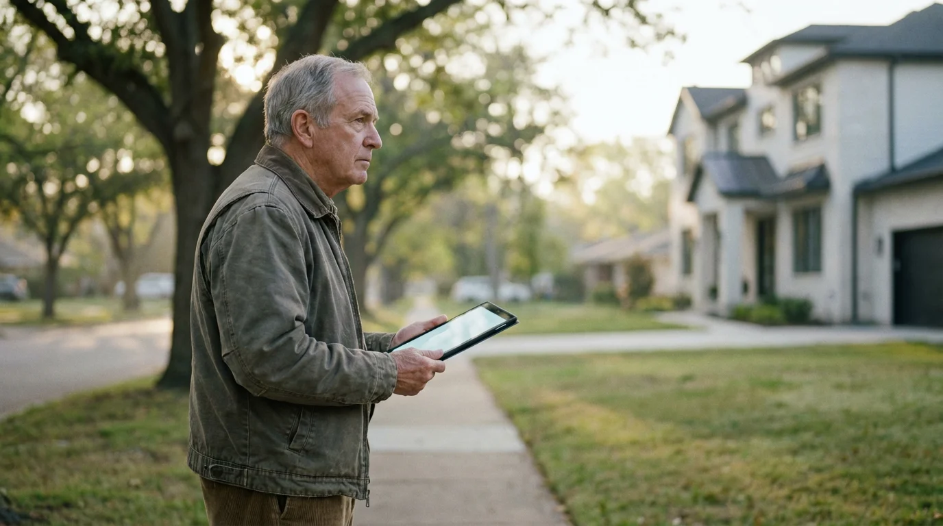 A senior man stands outside comparing his home to another, considering his property value.