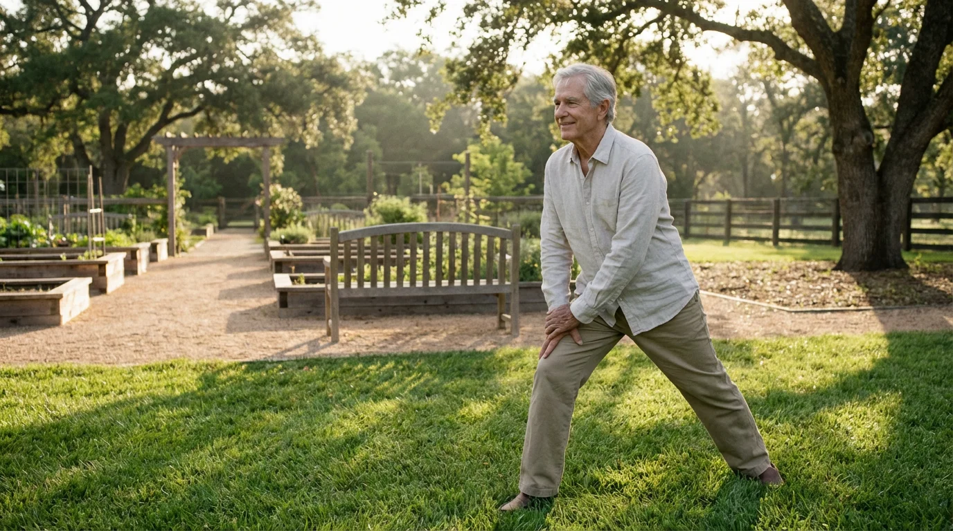 A senior man stretching on his lawn before gardening in his accessible backyard.