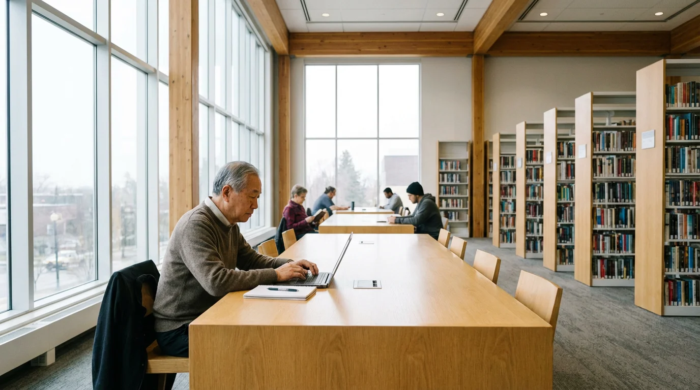 A senior man studies on a laptop in a bright, modern public library.
