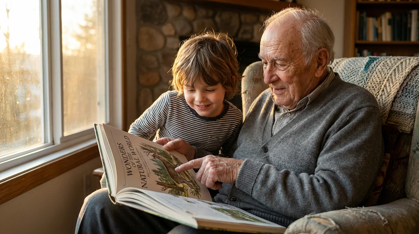A senior man volunteers his time, reading a picture book to a young child.