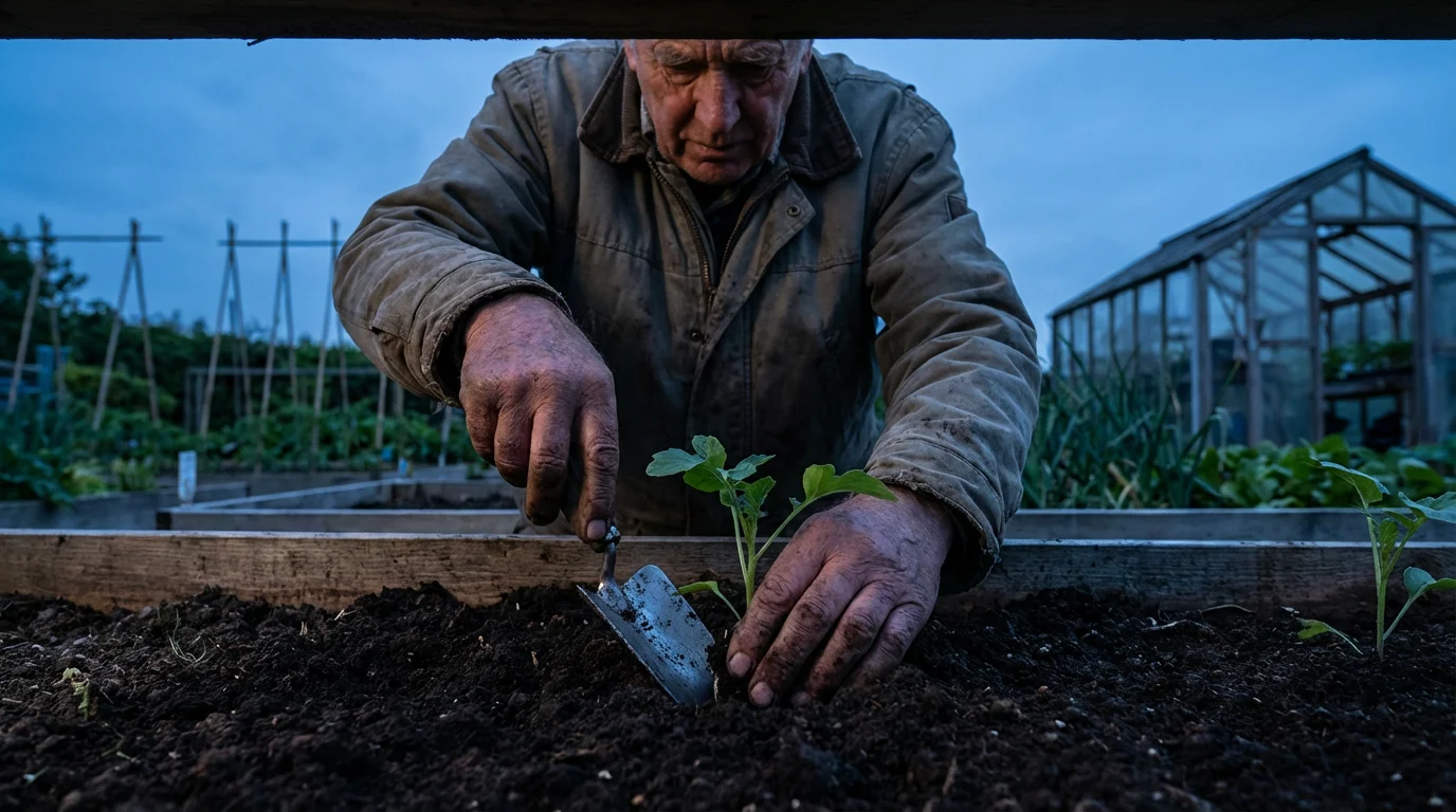 A senior man's hands planting a small vegetable seedling in a garden at dusk.