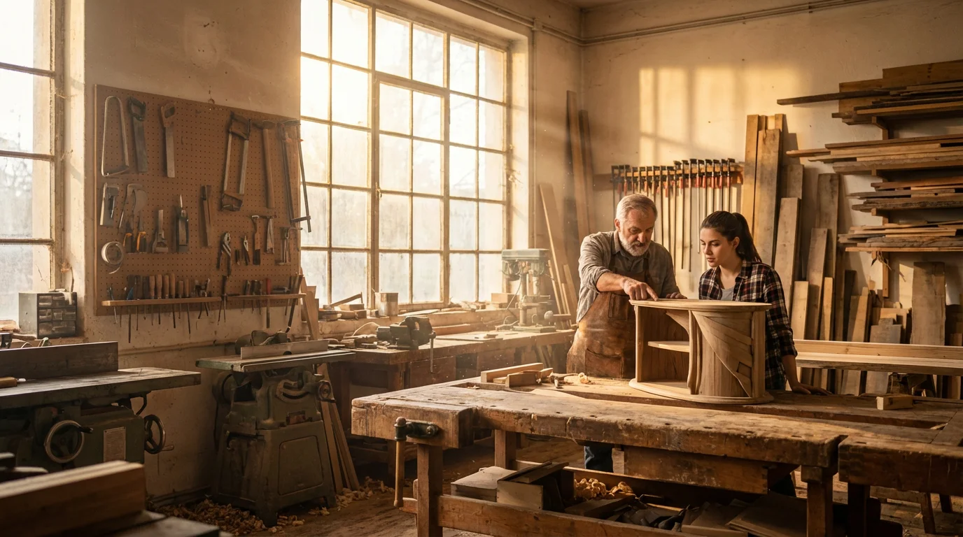 A senior mentor and a younger person collaboratively problem-solving in a sunlit woodworking workshop.