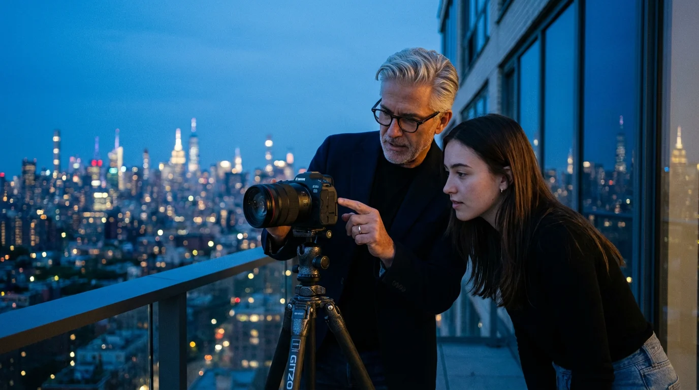 A senior mentor teaches a young woman photography on a city balcony at dusk.